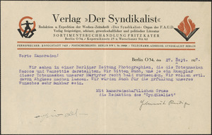 Verlag Der Syndikalist typed note signed to Sacco-Vanzetti Defense Committee, Berlin, Germany, September 27, 1927