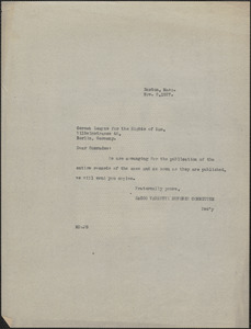 Mary Donovan (Sacco-Vanzetti Defense Committee) typed note to German League for the Rights of Man, Boston, Mass., November 2, 1927