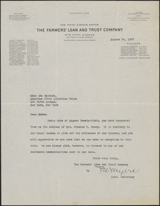 Francis W. Myers (The Farmers' Loan and Trust Company) typed note signed to Ida Epstein (American Civil Liberties Union), New York, N. Y., August 26, 1927