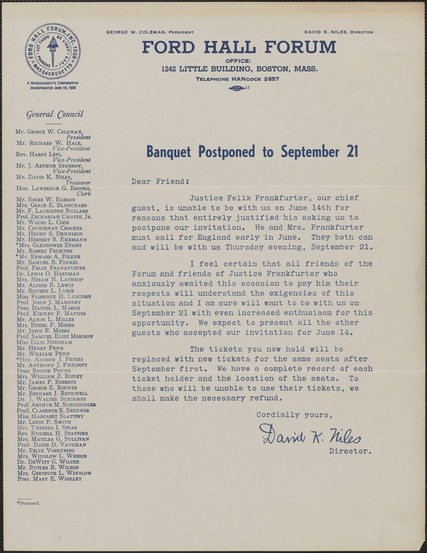 David K. Niles (Ford Hall Forum) typed letter signed (circular), Boston, Mass., [May-June 1927?]