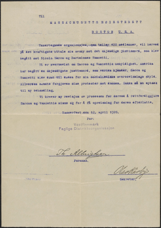 Th [Alberighen?] (Vestifinnmark Faglige Distriktsorganisasjon) typed document signed, in Norwegian, to [Sacco-Vanzetti Defense Committee?], Vest Finnmark, Norway, April 12, 1928