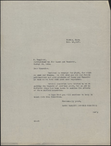 Mary Donovan (Sacco-Vanzetti Defense Committee) typed letter signed to N. Heggland (Forsvarskomtien for Sacco-Vanzetti), Boston, Mass., November 19, 1927