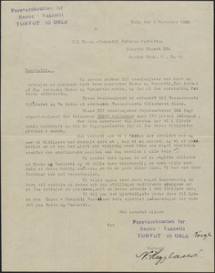 V. Heggland (Försvarskomtien for Sacco-Vanzetti) typed letter signed, in Norwegian, to Sacco-Vanzetti Defense Committee, Oslo, Norway, November 1, 1928