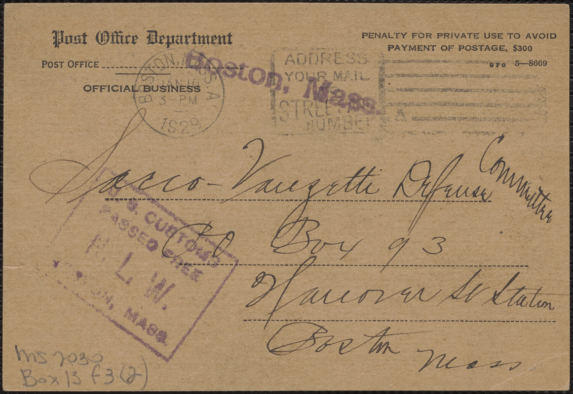 Post Office Department printed postcard to Sacco-Vanzetti Defense Committee, Boston, Mass., January 10, 1929