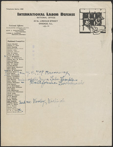 Autograph note, International Labor Defense, Chicago, Ill., [1920-1927]