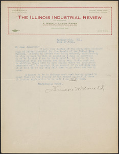Duncan McDonald (The Illinois Industrial Review) typed letter signed to Johnston, Springfield, Ill., June 27, 1924