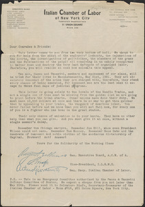 August Bellanca, Salvatore Ninfo and Arturo Giovannitti (Italian Chamber of Labor) typed letter signed (circular), New York, N. Y., [May? 1921]