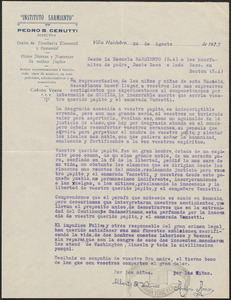 Alberto B. Verdosco and Amini Amery (Instituto Sarmiento) typed letter signed, in Spanish, to Dante and Ines Sacco, Cañada Verde, Mexico, August 27, 1927
