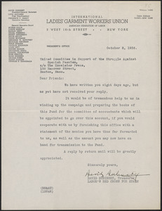 David Dubinsky (International Ladies' Garment Workers' Union) typed letter signed to United Committee in Support of the Struggle Against Spanish Fascism, New York, N. Y., October 8, 1936