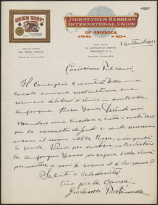 Giovanni Fortamella (Journeymen Barbers' International Union of America, Local 913) autograph letter signed, in Italian, to [Aldino] Felicani, Brooklyn, N. Y., September 2, 1927