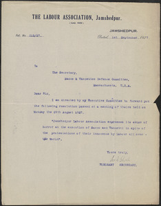 (W?) K. Ghosh (The Labour Association, Jamshedpur) typed letter signed to Sacco-Vanzetti Defense Committee, Jamshedpur, Jharkhand, India, September 1, 1927