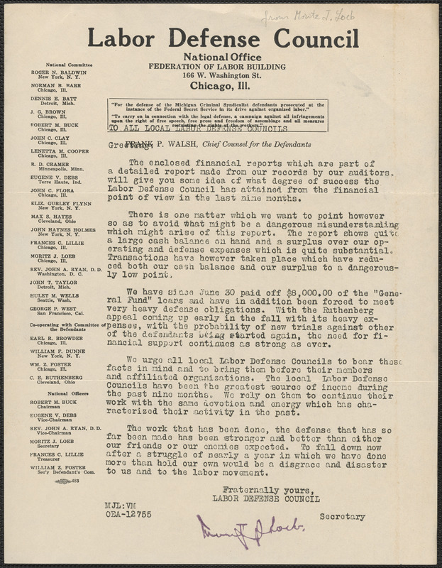 Moritz J. Loeb (Labor Defense Council) typed letter signed (circular), Chicago, Ill., [1922-1923]