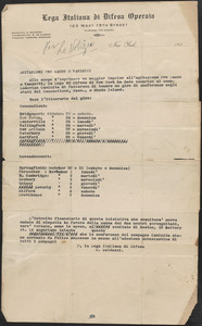 G[iovanni] Baldazzi (Lega Italiana di Difesa Operaia) typed document, in Italian, to Sacco-Vanzetti Defense Committee, New York, N. Y., [1920]