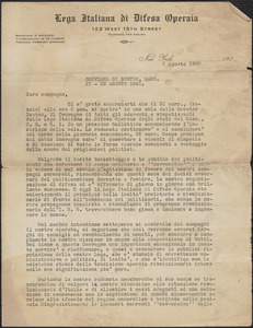 Giovanni Baldazzi (Lega Italiana di Difesa Operaia) typed letter (circular), in Italian, to Caro compagno, New York, N. Y., August 1, 1920