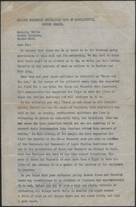 Antonio [Laurnimno?] (Mazzini Garabaldi Republican Club of Massachusetts, Boston Branch) typed letter signed (copy) to the managing editor, Boston Telegram, Boston, Mass., [1923?]