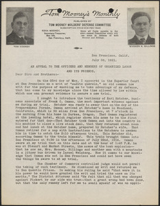 Tom Mooney (Tom Mooney's Monthly) typed letter signed (circular), San Francisco, Calif., July 30, 1921