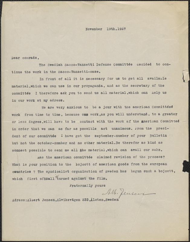 Albert Jensen (Swedish Sacco-Vanzetti Defense Committee) typed letter [Sacco-Vanzetti Defense Committee], Ålsten, Sweden, November 19, 1927