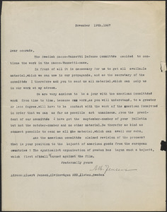 Albert Jensen (Swedish Sacco-Vanzetti Defense Committee) typed letter [Sacco-Vanzetti Defense Committee], Ålsten, Sweden, November 19, 1927