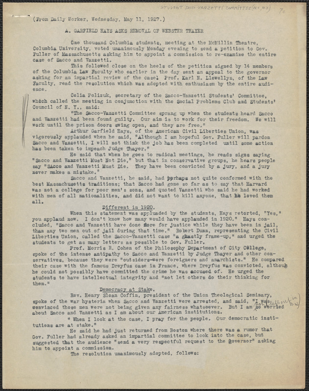 Student Sacco-Vanzetti Committee typed document, [New York, N. Y., May 11, 1927]: A. Garfield Hays Asks Removal of Webster Thayer