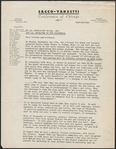Albert Wechsler (Sacco-Vanzetti Conference of Chicago) typed letter signed (circular), Chicago, Ill., September 15, 1926