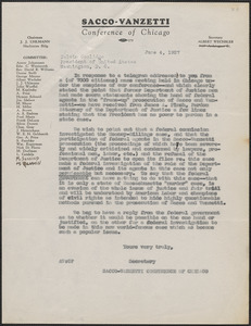 Albert Wechsler (Sacco-Vanzetti Conference of Chicago) typed letter (copy) to Calvin Coolidge, Chicago, Ill., June 4, 1927