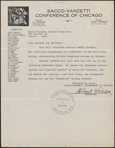 Albert Wechsler (Sacco-Vanzetti Conference of Chicago) typed letter signed to Sacco-Vanzetti Defense Committee, Chicago, Ill., [1925-1927?]
