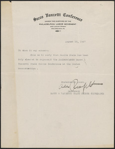 Ada Rosenfeld (Sacco-Vanzetti Conference of Philadelphia) typed note signed to whom it may concern, Philadelphia, Pa., August 10, 1927