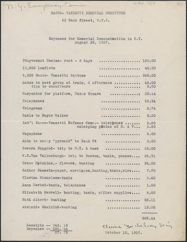 Clarina Michelson (Sacco-Vanzetti Memorial Committee) typed document, New York, N. Y., October 10, 1927 : Expenses for memorial demonstration in N. Y., August 29, 1927