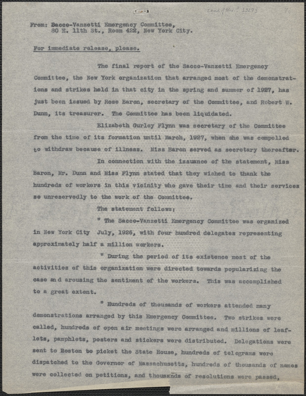 Sacco-Vanzetti Emergency Committee press release, New York, N. Y., [November? 1927]