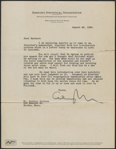 Babson's Statistical Organization typed letter signed (illegible) to Gardner Jackson, Wellesley Hills, Mass., August 29, 1928
