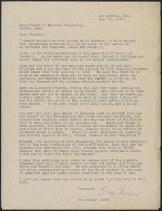 Tom Mooney typed letter signed to Sacco-Vanzetti Memorial Committee, San Quentin, Calif., August 12, 1930