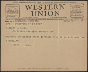 Sidney Hillman telegram to Gardner Jackson, New York, N. Y., August 20, 1931