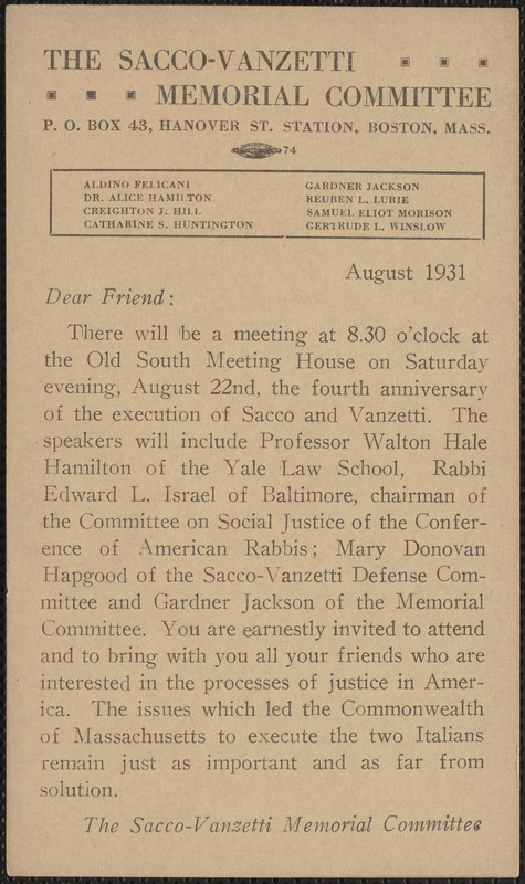 Sacco-Vanzetti Memorial Committee printed postcard (circular), Boston, Mass., August 1931
