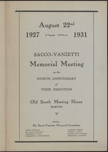 Sacco-Vanzetti Memorial Committee memorial meeting program, Boston, Mass., August 1931