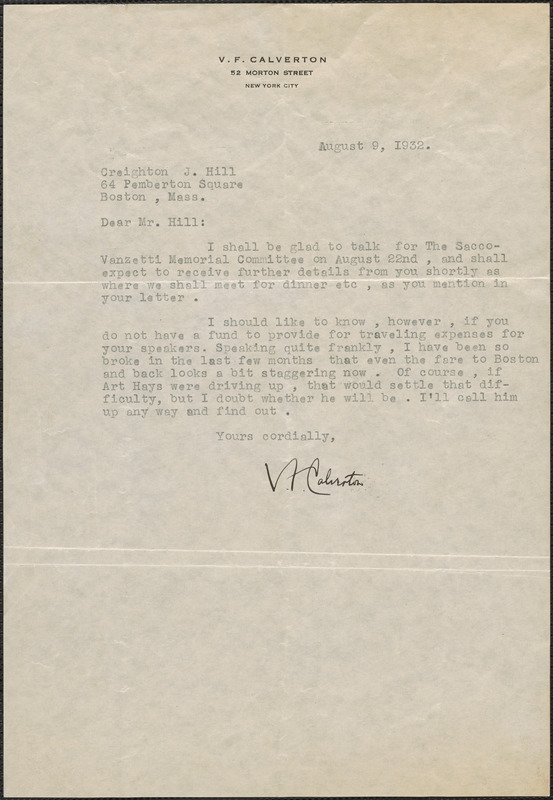 V. F. Calverton typed letter signed to Creighton J. Hill, New York, N