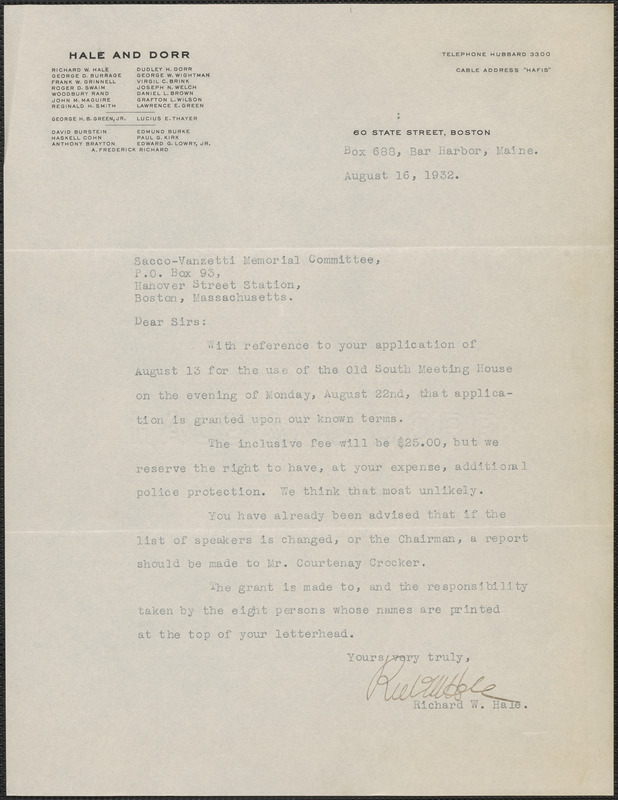 Richard W. Hale typed letter signed to Sacco-Vanzetti Memorial Committee, Bar Harbor, Me., August 16, 1932