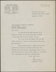 Richard W. Hale typed letter signed to Sacco-Vanzetti Memorial Committee, Bar Harbor, Me., August 21, 1932