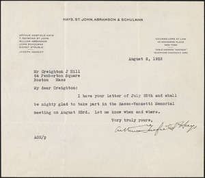 Arthur Garfield Hays typed note signed to Creighton J. Hill, New York, N. Y., August 2, 1932