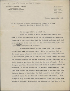 William G. Thompson and Herbert B. Ehrmann typed letter signed to attendees of Sacco-Vanzetti Memorial Meeting, Boston, Mass., August 20, 1927