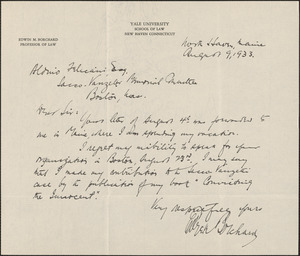 Edwin M. Borchard (Yale University) autograph note signed to Aldino Felicani, North Haven, Me., August 9, 1933