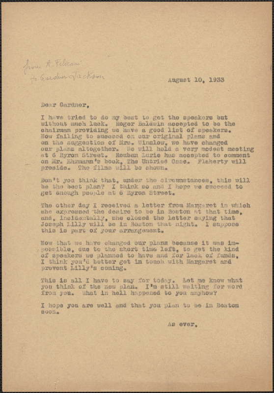 [Aldino Felicani] typed letter (copy) to Gardner Jackson, [Boston, Mass.], August 10, 1933