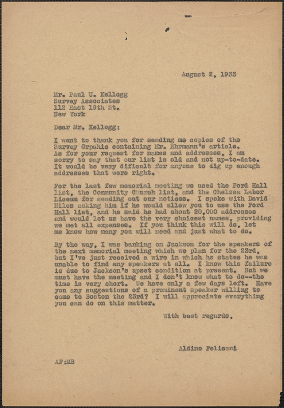 Aldino Felicani typed letter (copy) to Paul U. Kellogg (Survey Associates), [Boston, Mass.], August 2, 1933