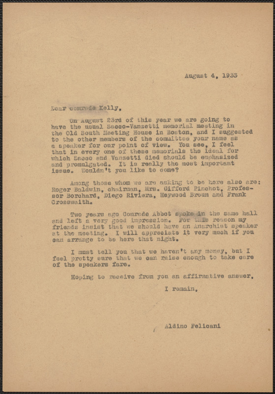 Aldino Felicani typed letter (copy) to [Harry] Kelly, [Boston, Mass.], August 4, 1933