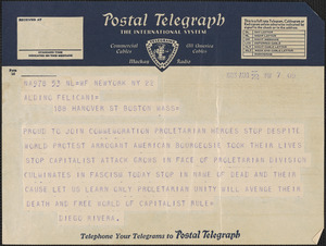 Diego Rivera telegram to Aldino Felicani, New York, N. Y., August 22, 1933