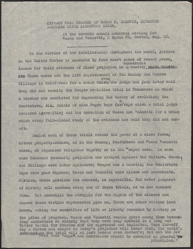 Typed document, Boston, Mass., August 23, [1934]: Extract from remarks of Roger N. Baldwin, Director, American Civil Liberties Union