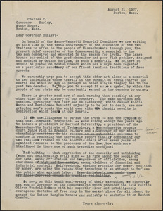[Gardner Jackson, Powers Hapgood, Mary Donovan, Aldino Felicani and Michael Flaherty] typed letter (draft) to Charles F. Hurley, Boston, Mass., August 21, 1937