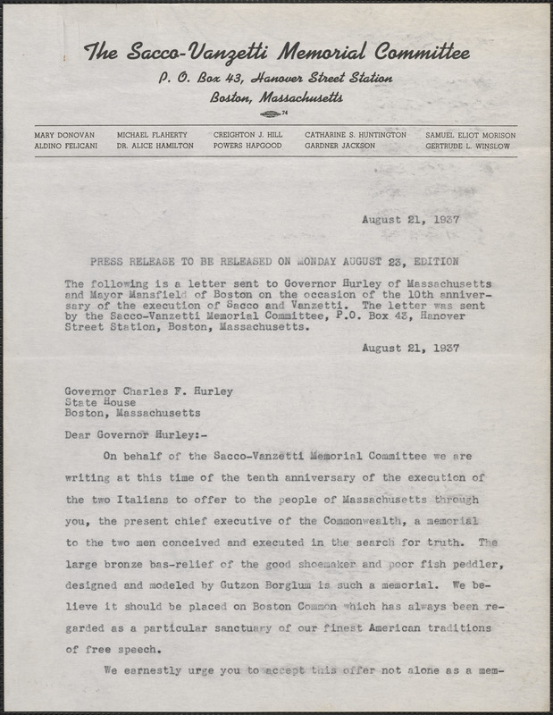 Gardner Jackson, Powers Hapgood, Mary Donovan, Aldino Felicani and Michael Flaherty press release, Boston, Mass., August 21, 1937