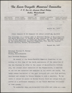 Gardner Jackson, Powers Hapgood, Mary Donovan, Aldino Felicani and Michael Flaherty press release, Boston, Mass., August 21, 1937