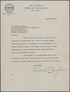 Frederick W. Mansfield (City of Boston. Office of the Mayor) typed letter signed to Aldino Felicani, Boston, Mass., August 24, 1937