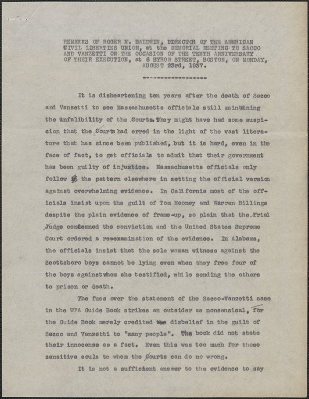 Typed remarks of Roger N. Baldwin (American Civil Liberties Union), Boston, Mass., August 23, 1937